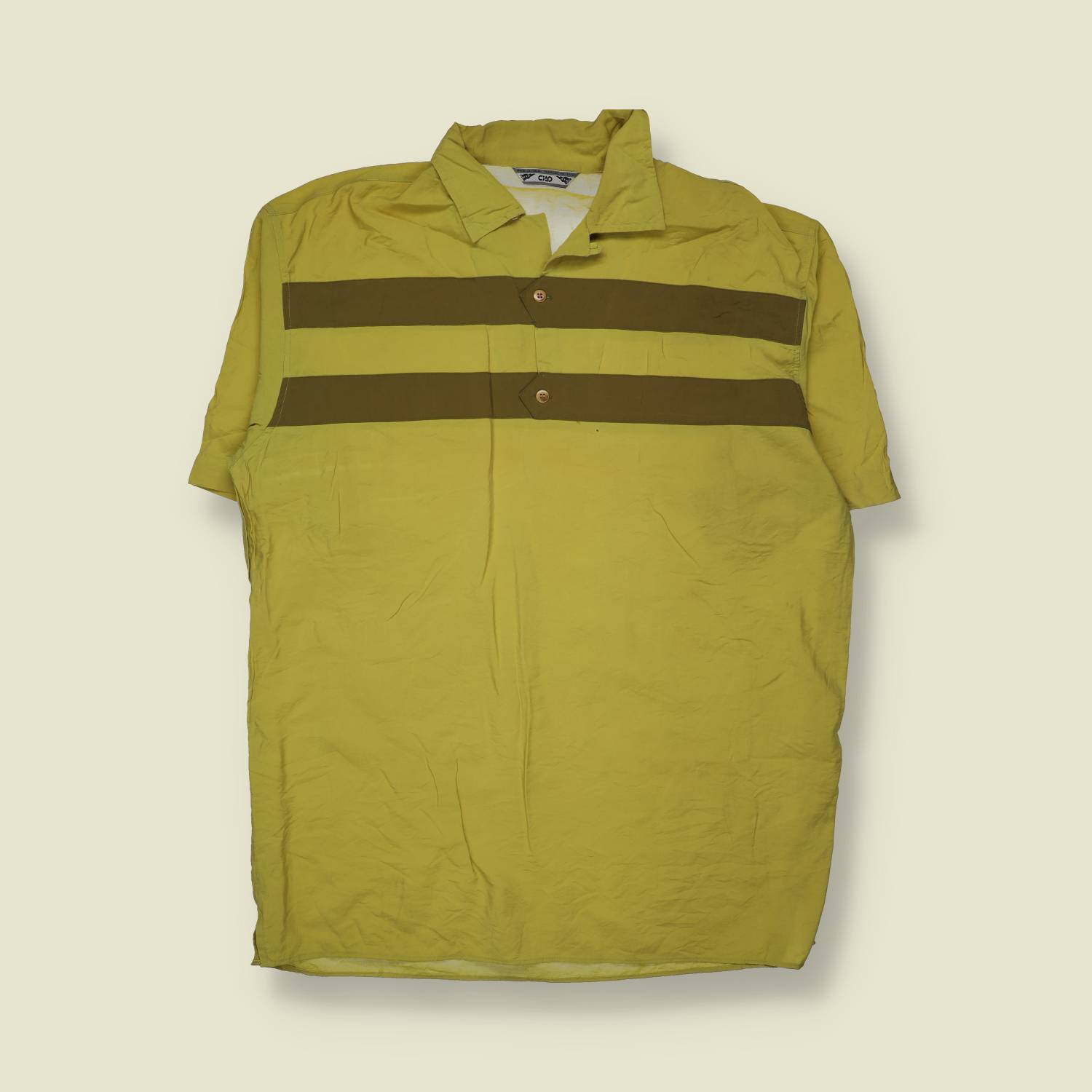 1980s | Ciao | Short Sleeve Polo Shirt | Yellow Stripe | Made In Italy – XXL