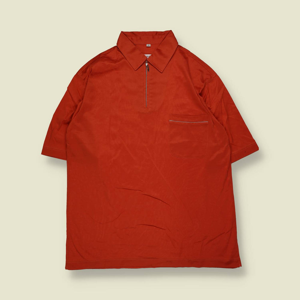1980s | Wappen | Short Sleeve Zip Polo Shirt | Red – L