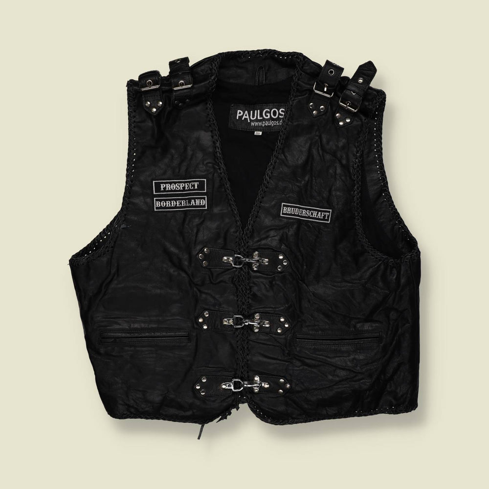 2000s | Paulgos | Leather Biker Vest | Fireman Clasp | Patch Detail –