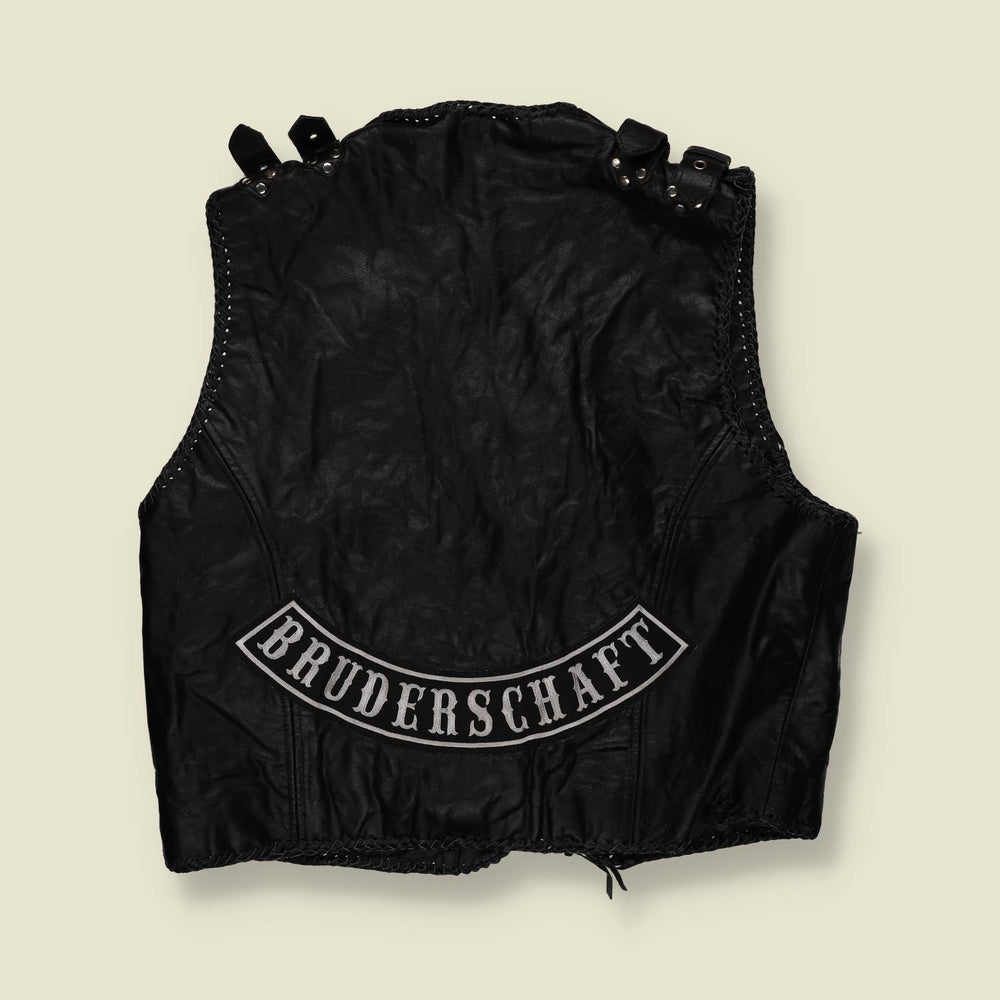 2000s | Paulgos | Leather Biker Vest | Fireman Clasp | Patch Detail –
