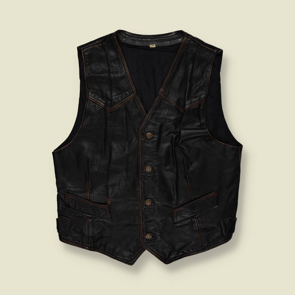1980s | Western Style Leather Vest | Black – L