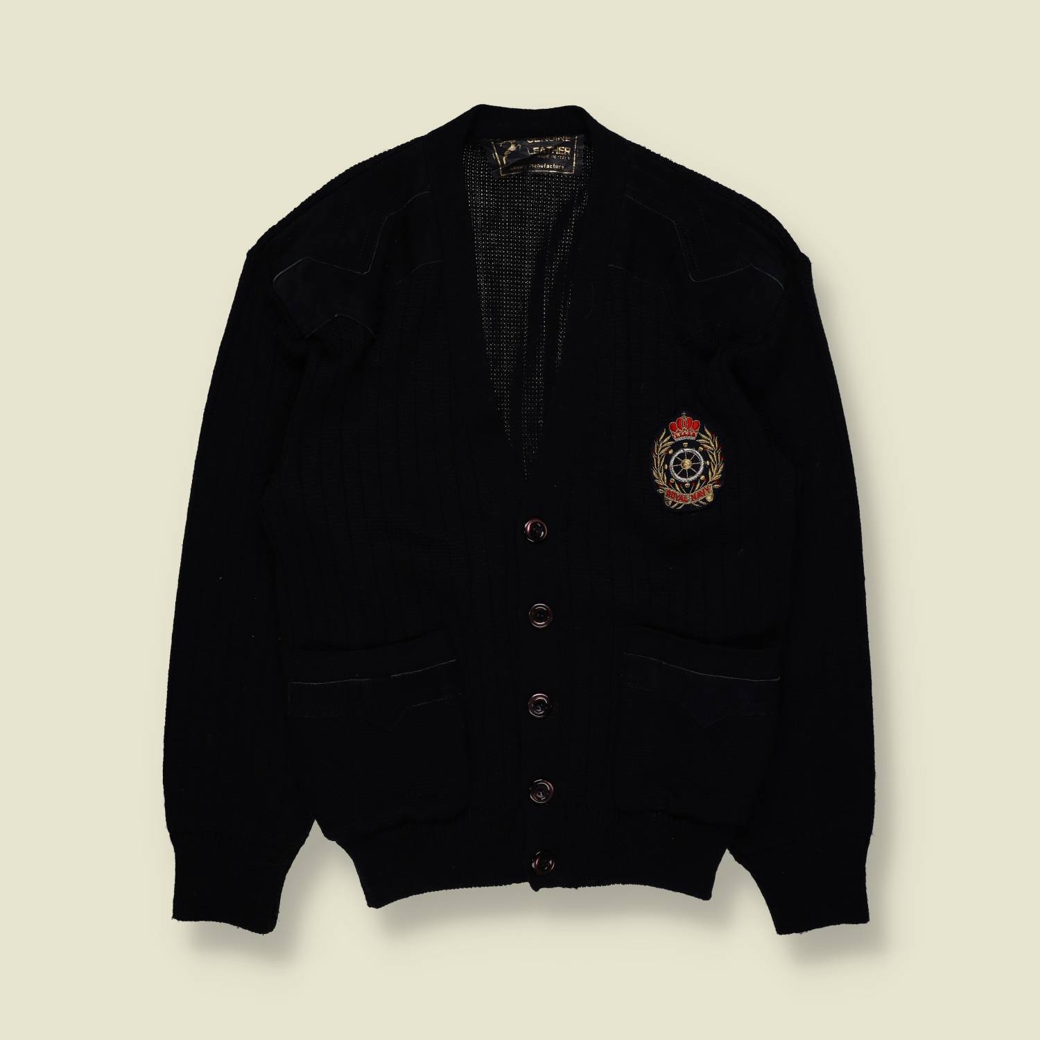 1970s | Made In Italy | Leather Knit Cardigan | Royal Navy Crest – S