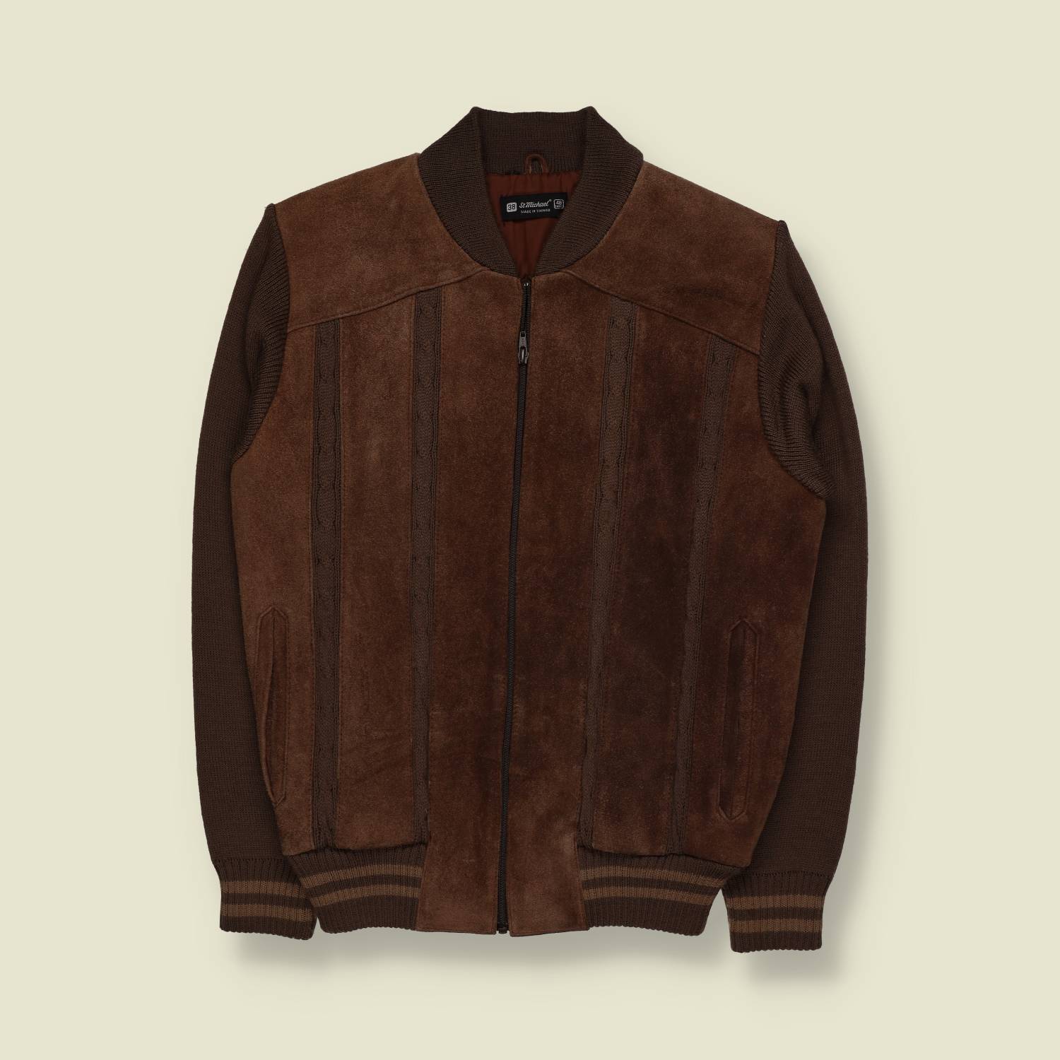 1970s | St Michael | Leather & Knit Jacket | Made In Taiwan | Brown – S