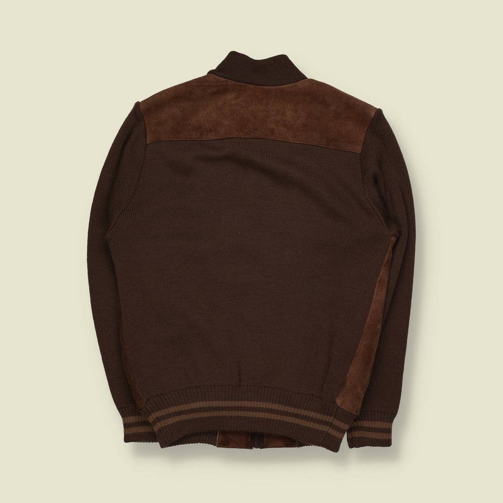 1970s | St Michael | Leather & Knit Jacket | Made In Taiwan | Brown – S