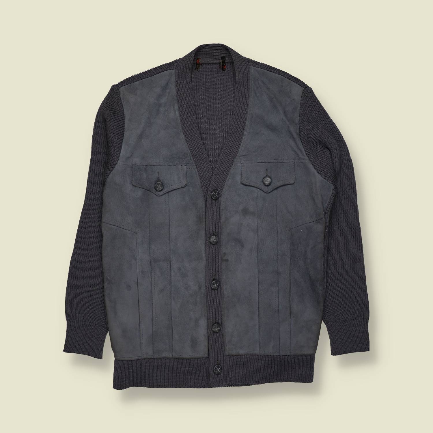 1970s | Leather & Knit | Cardigan Jacket | Grey – M