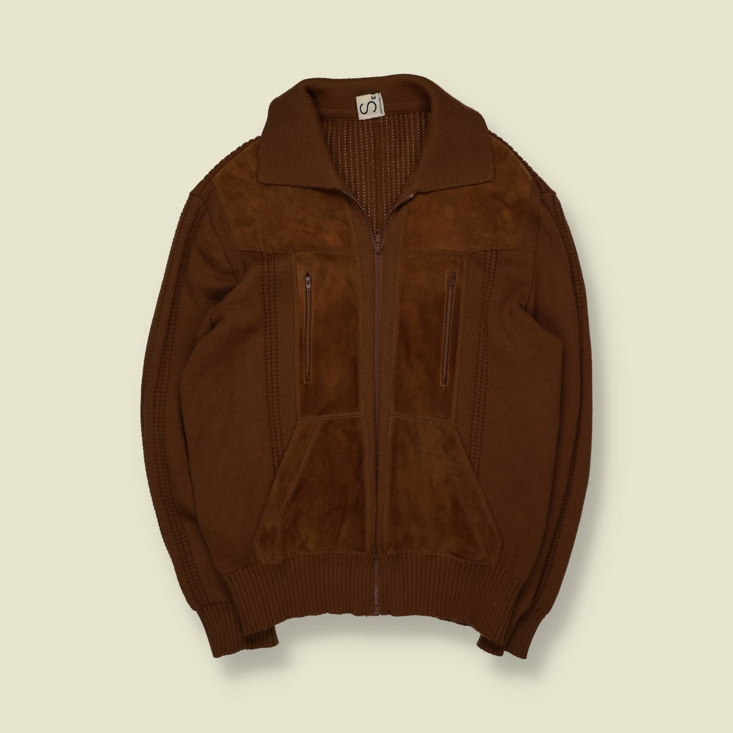 1970s | Sercap | Leather Panel Knit Jacket | Brown – M