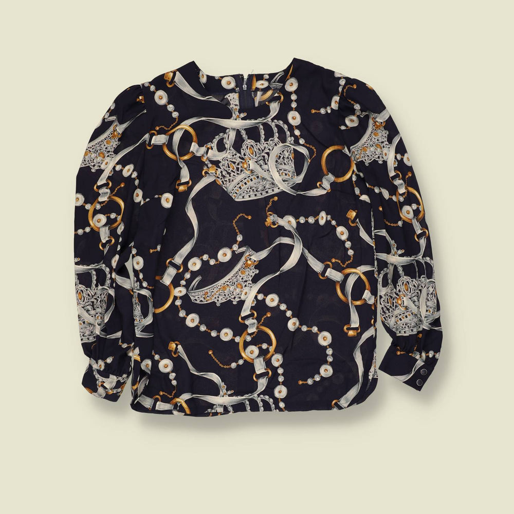1980s | Baroque Print Blouse | Navy - 14