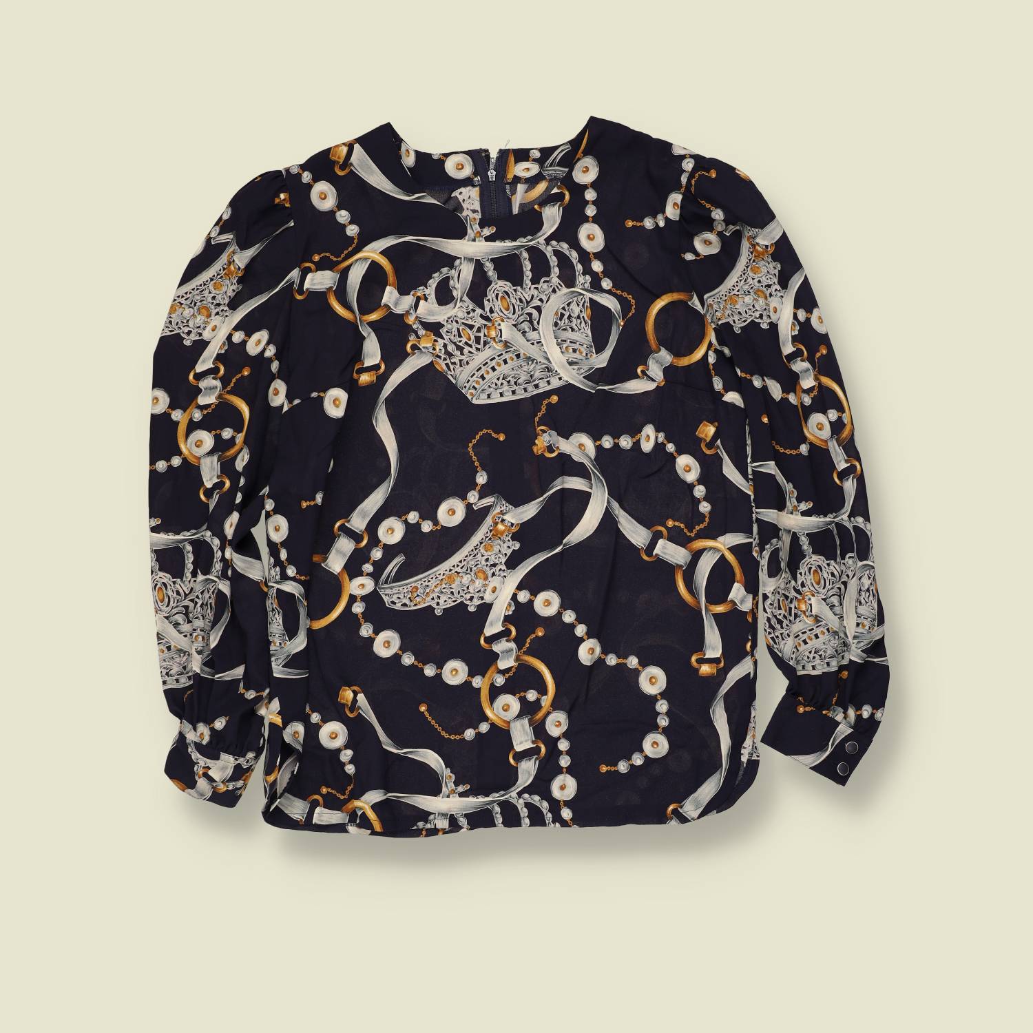 1980s | Baroque Print Blouse | Navy - 14