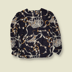1980s | Baroque Print Blouse | Navy - 14