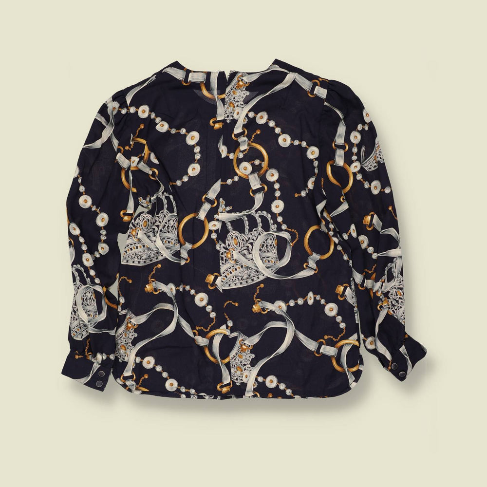 1980s | Baroque Print Blouse | Navy - 14