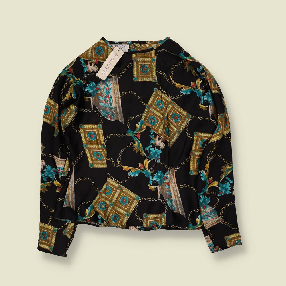 1980s | Tess | Deadstock Baroque Print Blouse | Black & Teal - 8