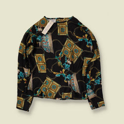 1980s | Tess | Deadstock Baroque Print Blouse | Black & Teal - 8