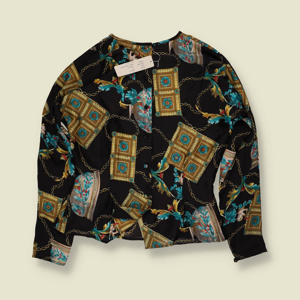 1980s | Tess | Deadstock Baroque Print Blouse | Black & Teal - 8
