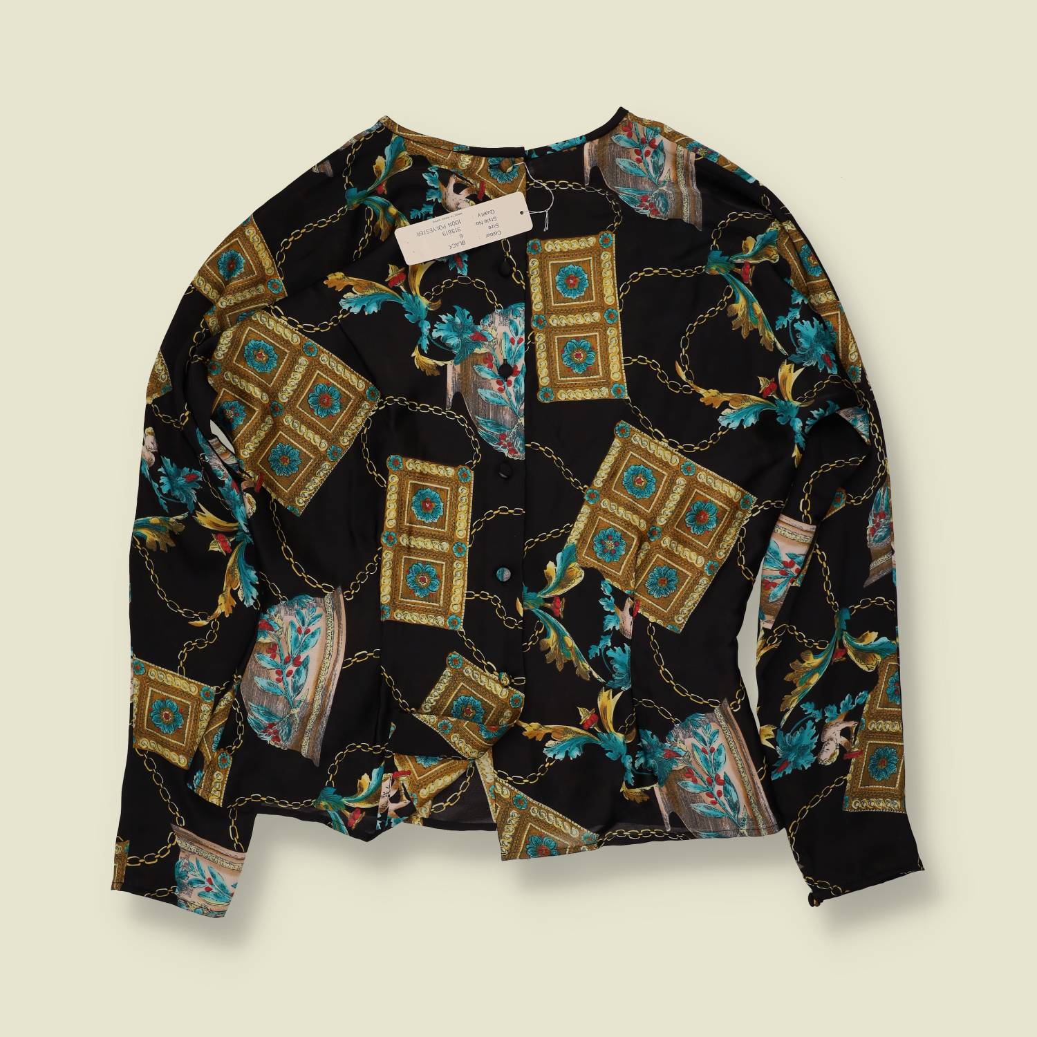 1980s | Tess | Deadstock Baroque Print Blouse | Black & Teal - 8