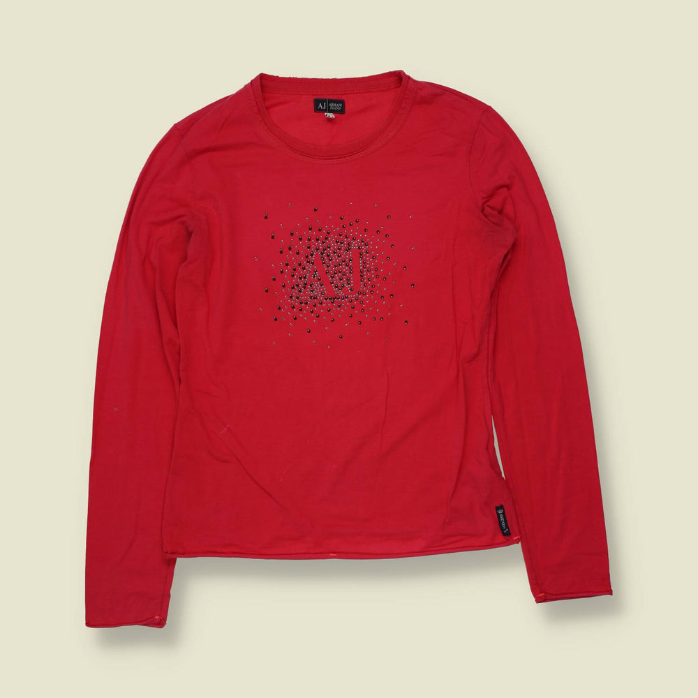 1990s | Armani Jeans | Diamanté Logo Long Sleeve Top | Red - 8