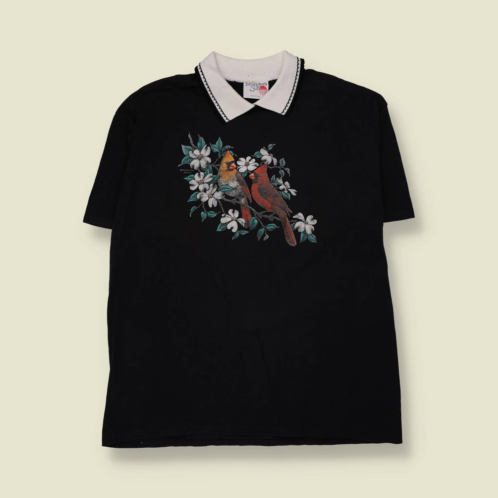 1980s | Morning Sun | Cardinal Print Collared Tee | Black & White - 22