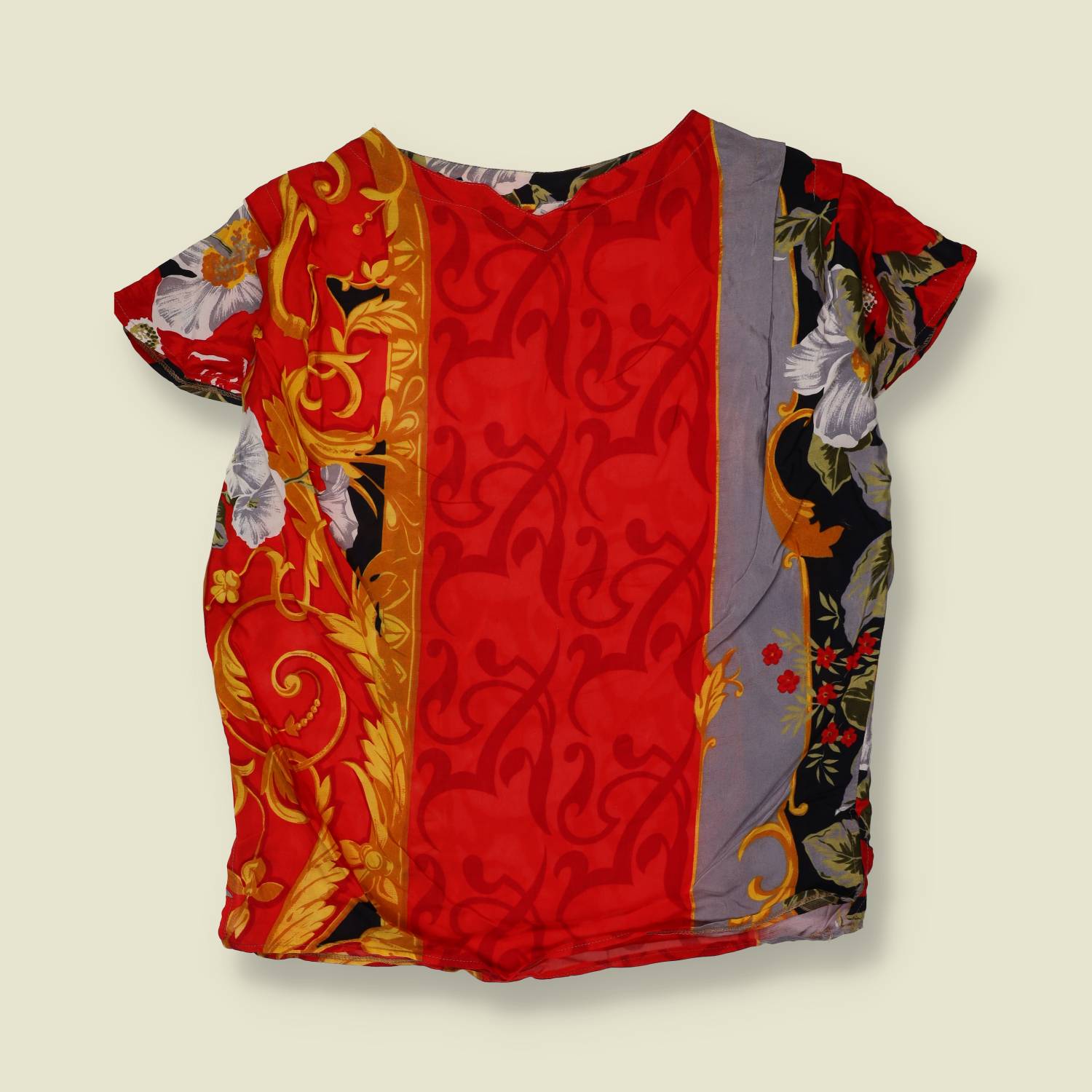 1980s | Baroque Floral Print Top | Red & Grey - 20