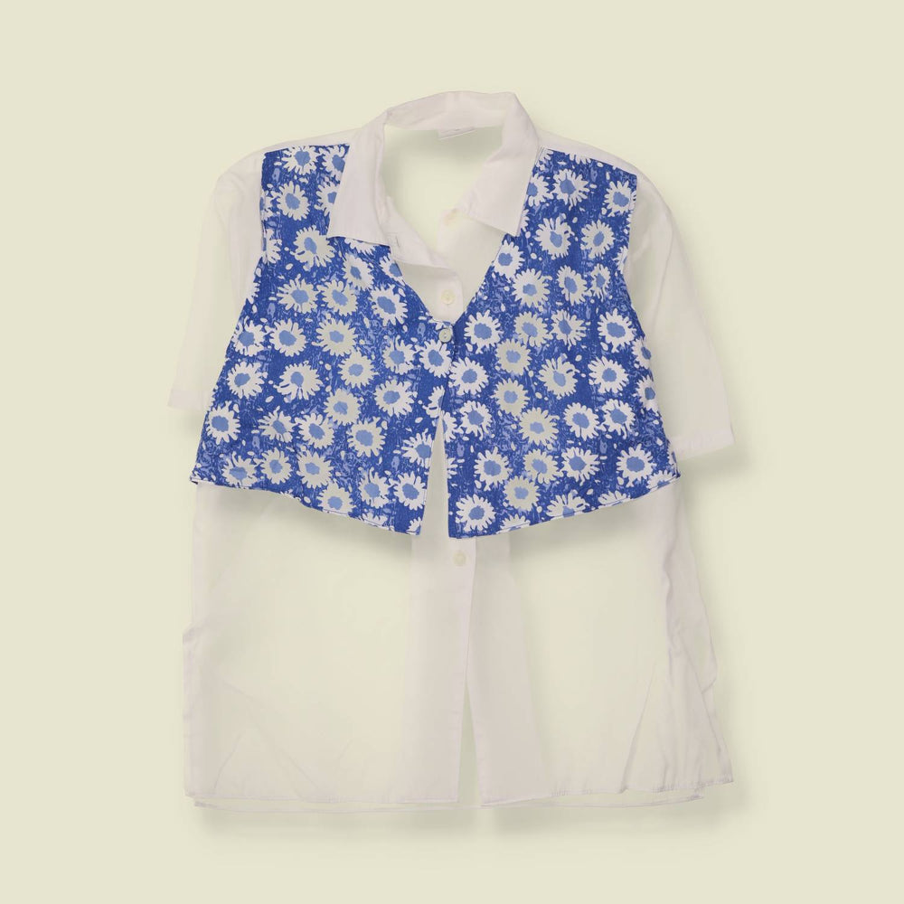 1980s | Daisy Print Panel Shirt | White & Blue - 20
