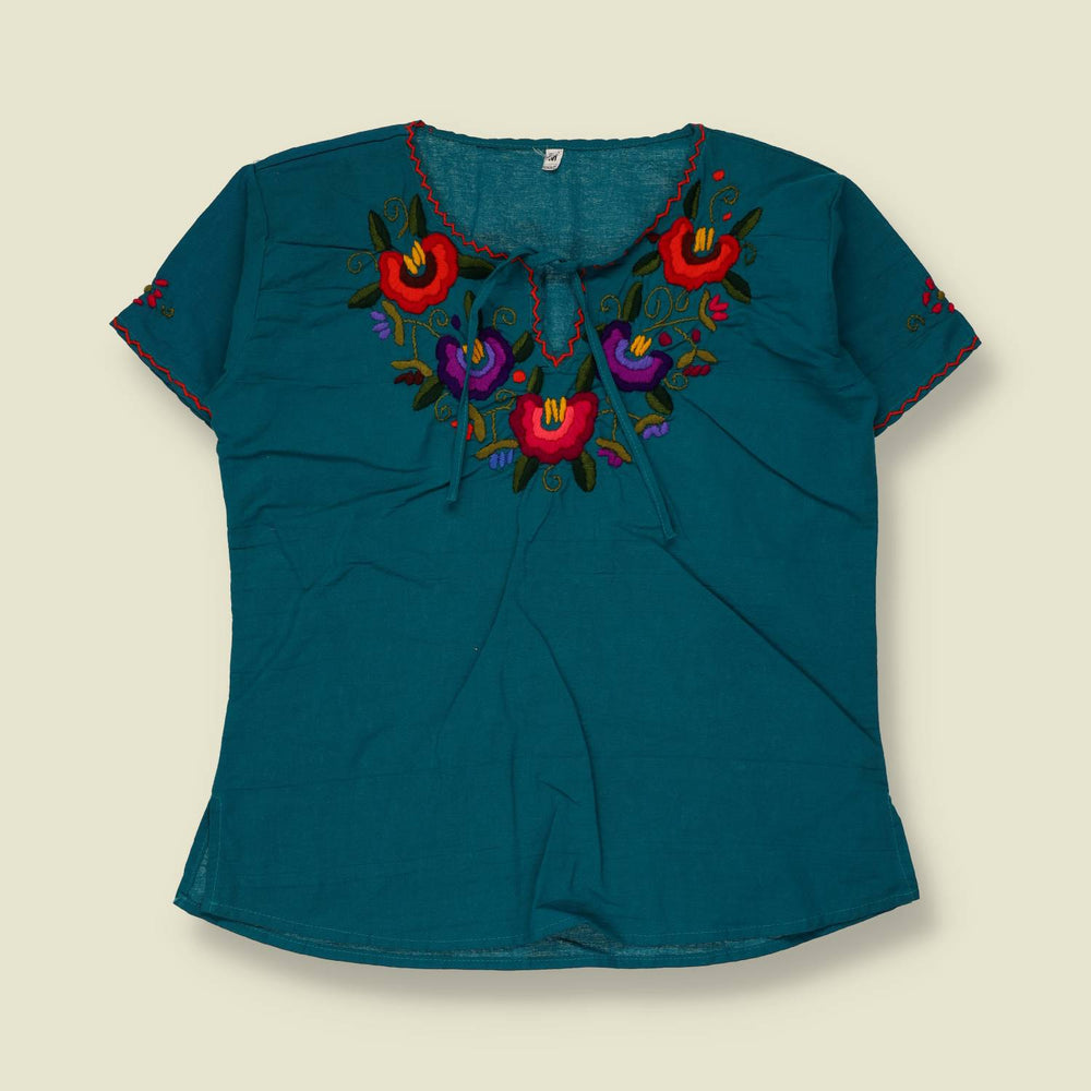 1980s | Embroidered Folk Blouse | Teal - 12