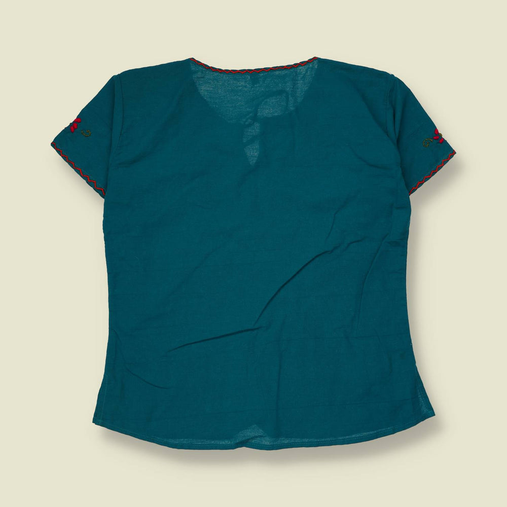 1980s | Embroidered Folk Blouse | Teal - 12