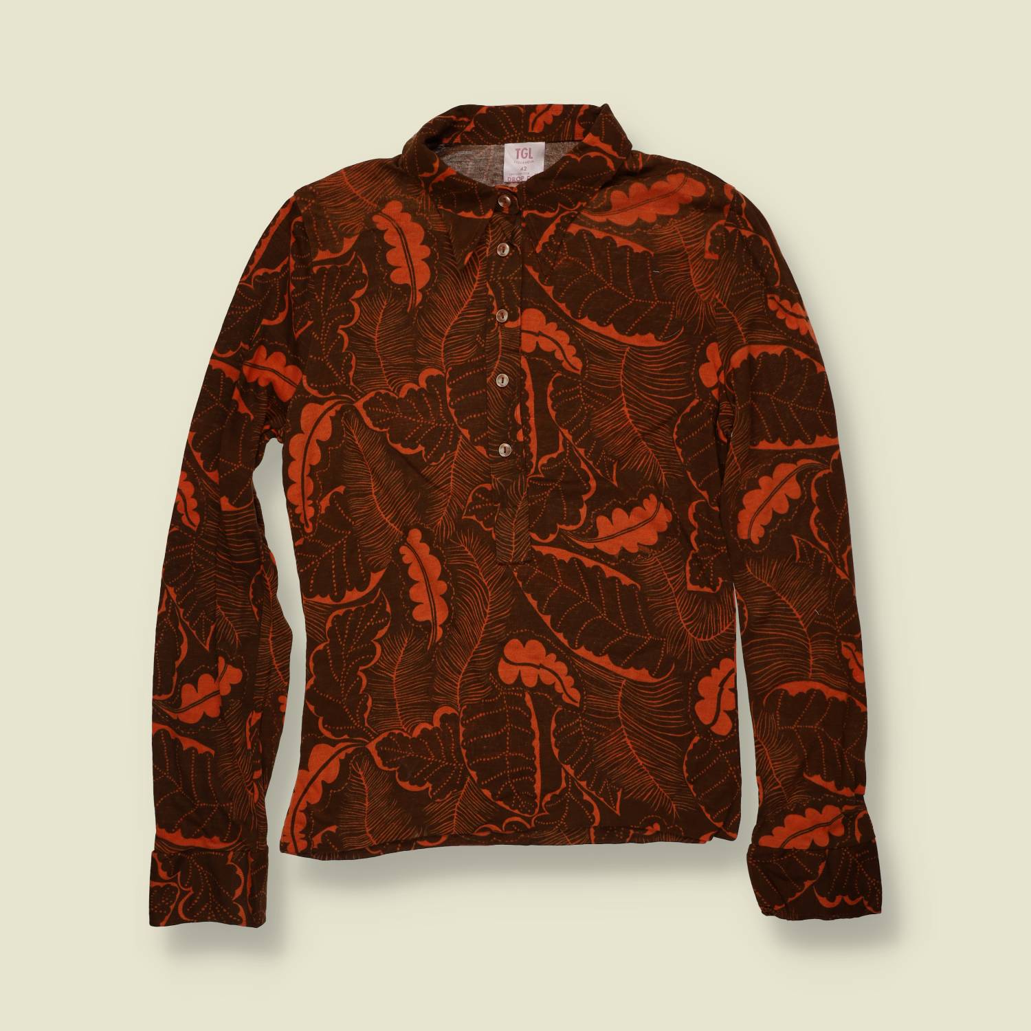1970s | TGL | Deadstock Blouse | Brown & Orange Leaf Print - 8