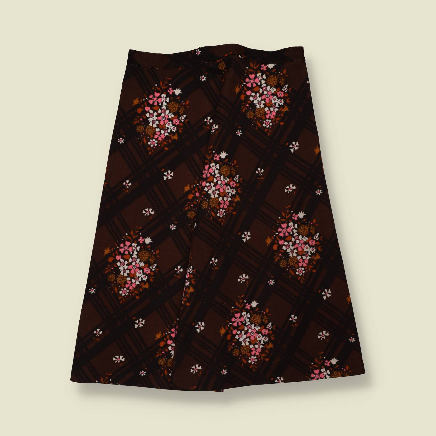 1970s | Floral Diamond Print Skirt | Brown - w30