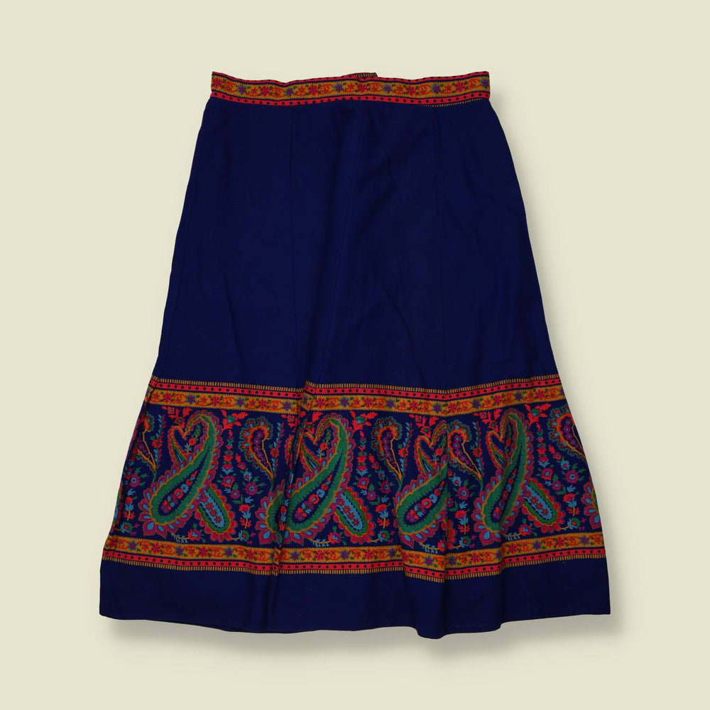 1970s | Paisley Border Print Skirt | Navy - w28