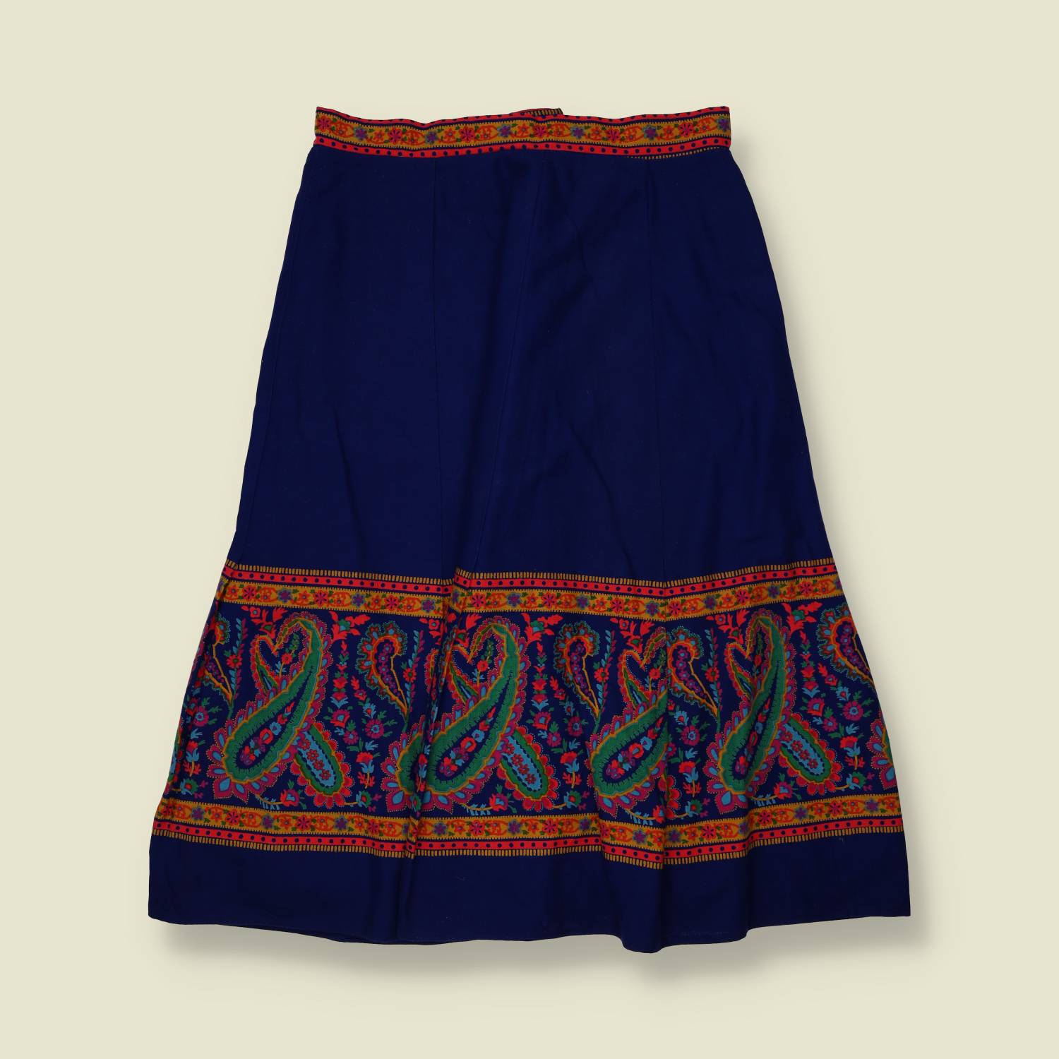 1970s | Paisley Border Print Skirt | Navy - w28