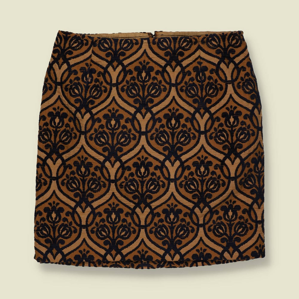 1970s | Damask Print Skirt | Brown & Black - 30"