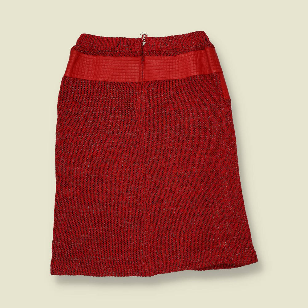 1970s | Knit & Leather Panel Skirt | Red - w28