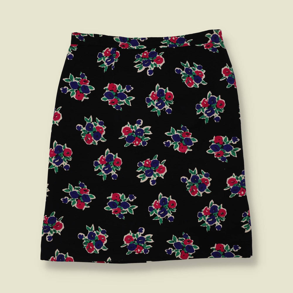 1970s | Floral Bouquet Print Skirt | Black Multi - w30