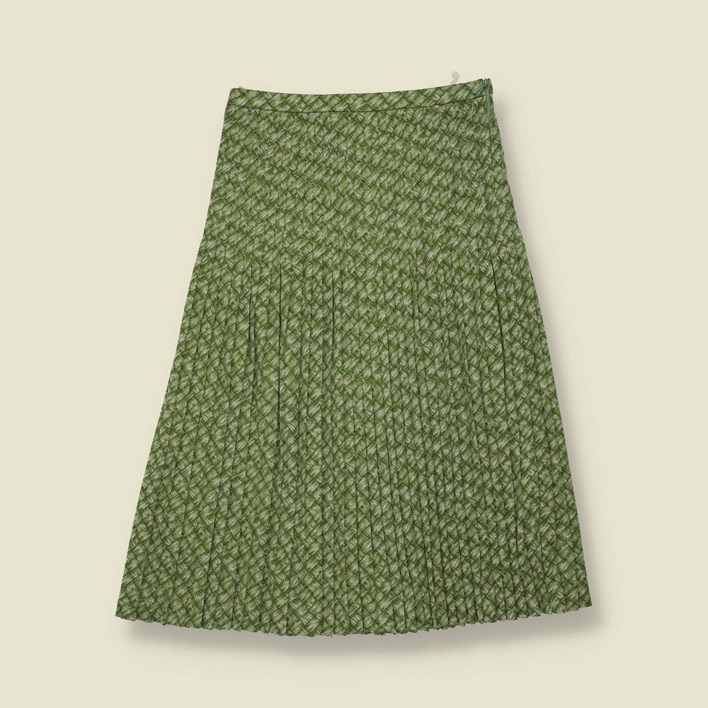 1970s | Trevira | Basketweave Print Pleated Skirt | Green - w26
