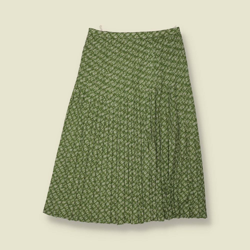 1970s | Trevira | Basketweave Print Pleated Skirt | Green - w26