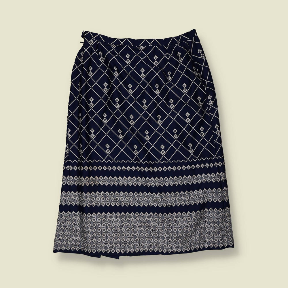 1970s | Diamond Trellis Print Skirt | Navy & White - w30