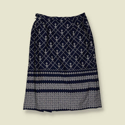 1970s | Diamond Trellis Print Skirt | Navy & White - w30