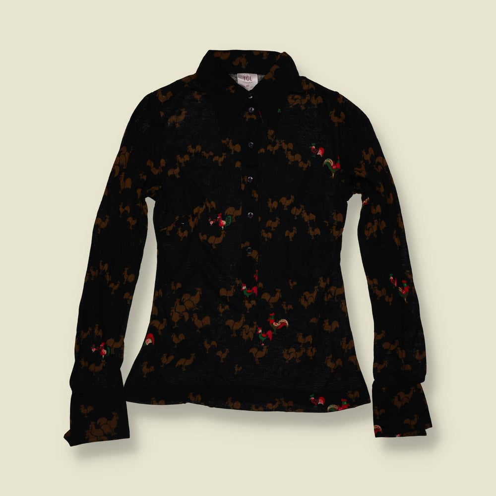 1970s | TGL | Deadstock Blouse | Black Cockerel Print - 4