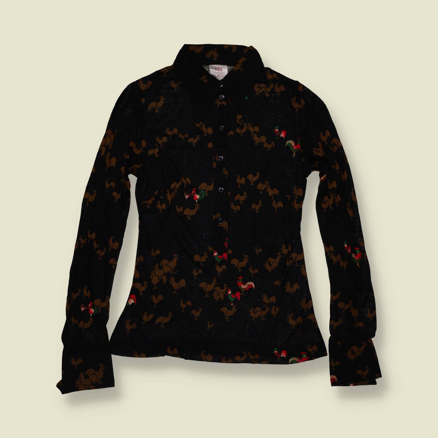 1970s | TGL | Deadstock Blouse | Black Cockerel Print - 4