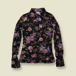 1970s | TGL | Deadstock Blouse | Black Floral Bird Print - 6