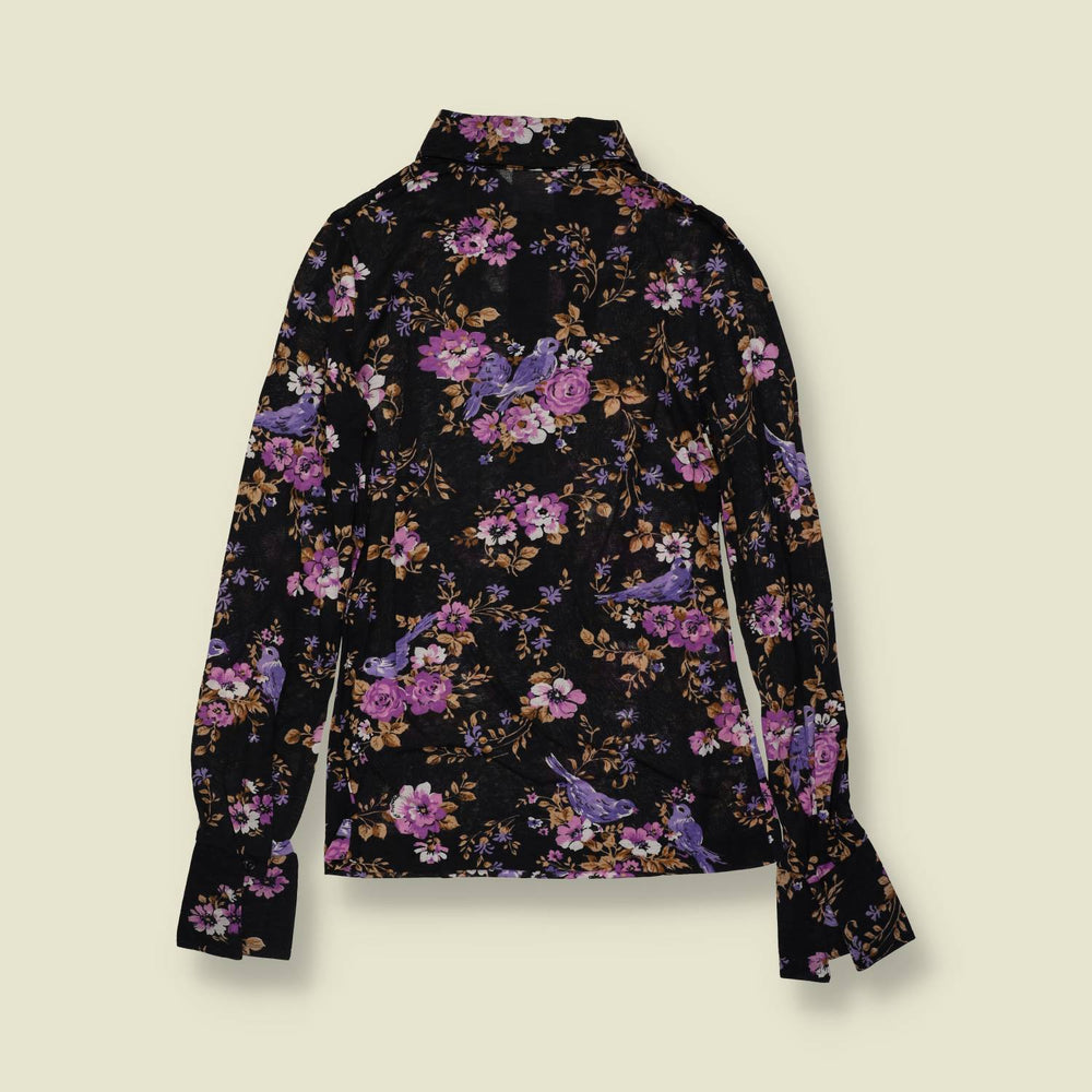 1970s | TGL | Deadstock Blouse | Black Floral Bird Print - 6