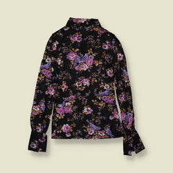 1970s | TGL | Deadstock Blouse | Black Floral Bird Print - 6