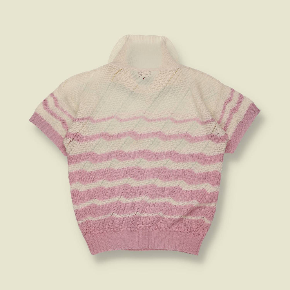 1970s | Zigzag Knit Polo | Pink & Cream - 8