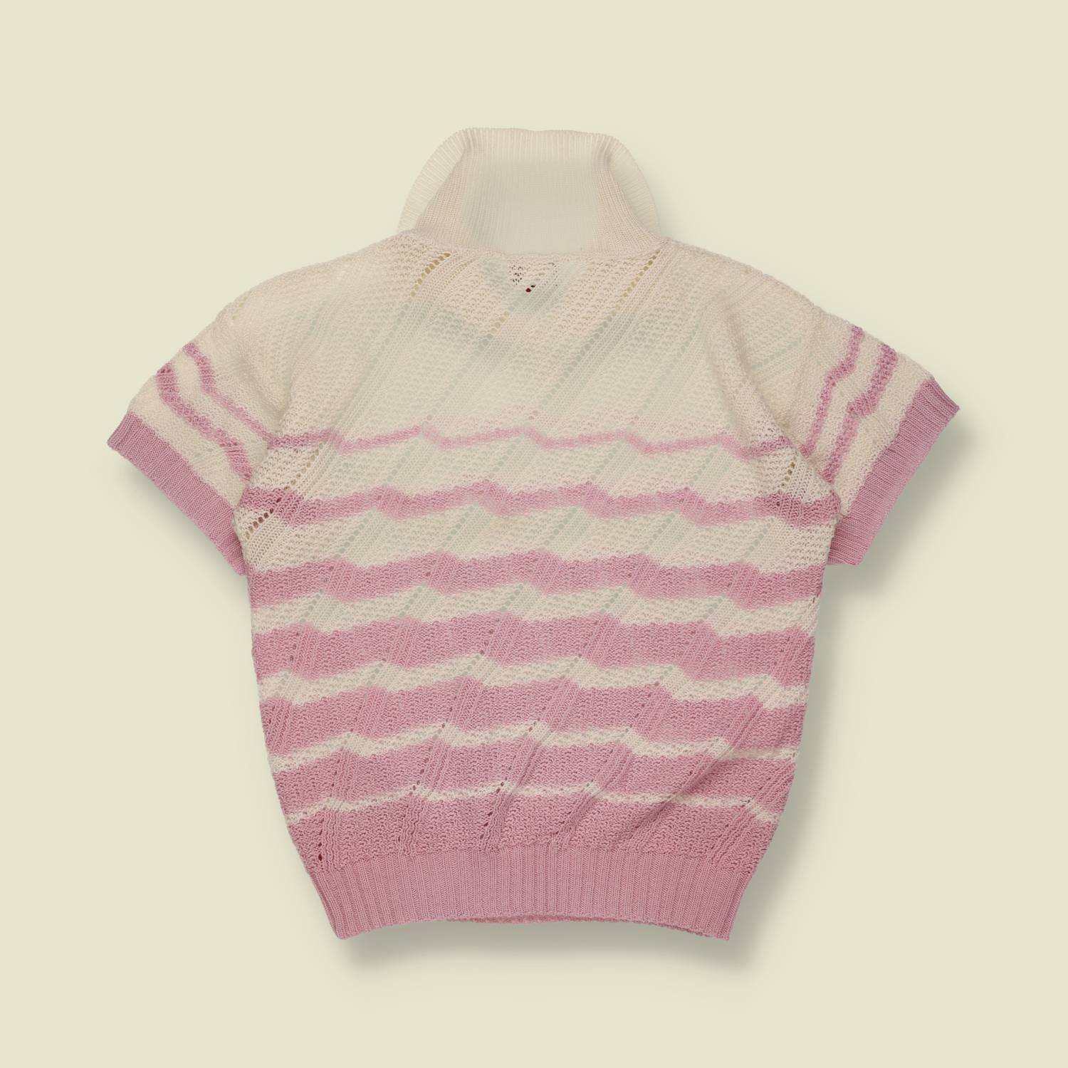 1970s | Zigzag Knit Polo | Pink & Cream - 8