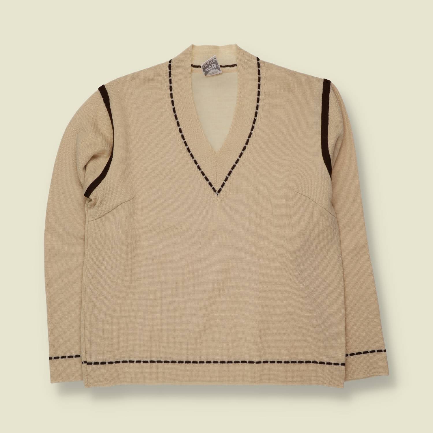 1970s | Schoeller Today | V-Neck Jumper | Cream & Brown - 10