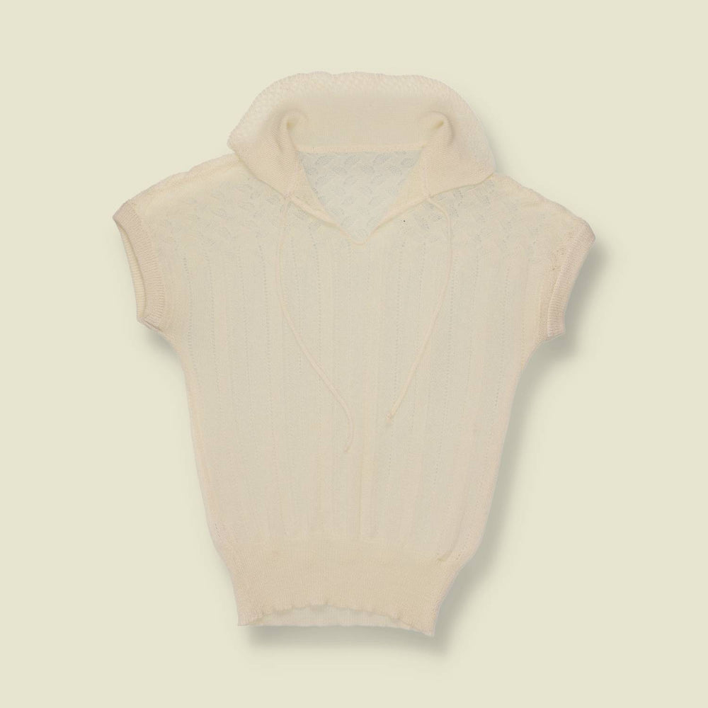 1970s | Pointelle Knit Collared Top | Cream - 8