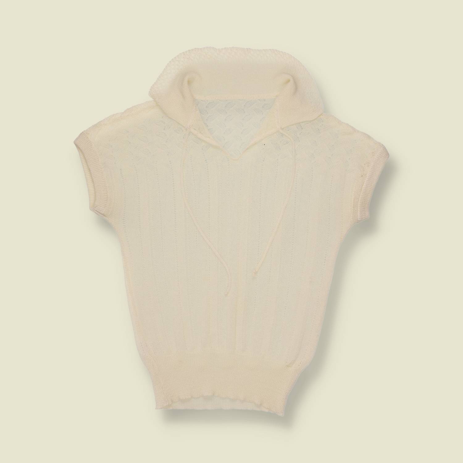 1970s | Pointelle Knit Collared Top | Cream - 8