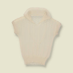 1970s | Pointelle Knit Collared Top | Cream - 8