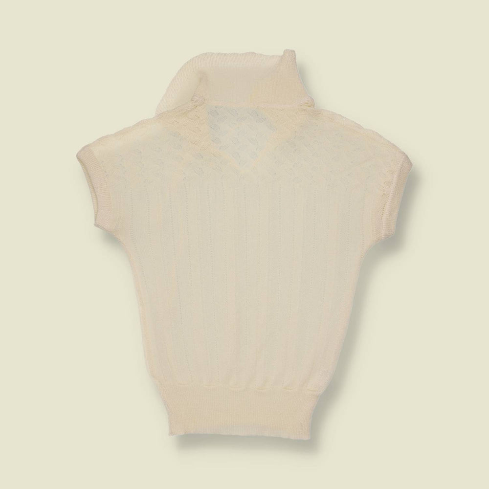 1970s | Pointelle Knit Collared Top | Cream - 8