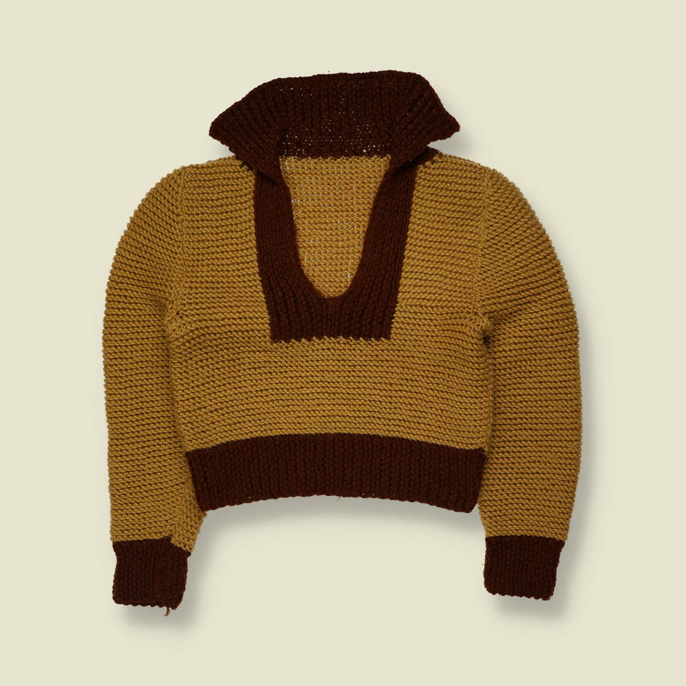 1970s | Hand-Knit Collared Jumper | Tan & Brown - 6