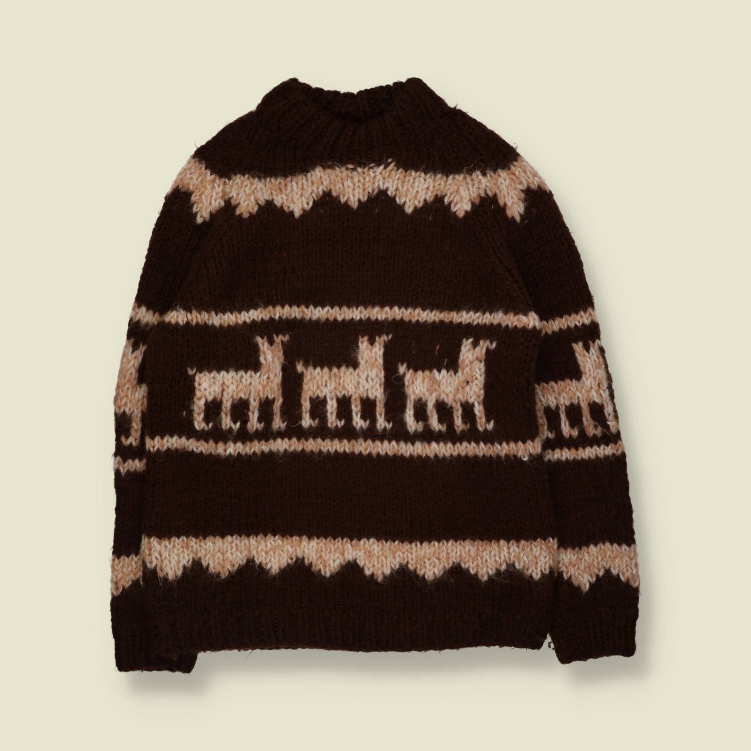 1970s | Hand-Knit Alpaca Motif Jumper | Brown & Cream - 14