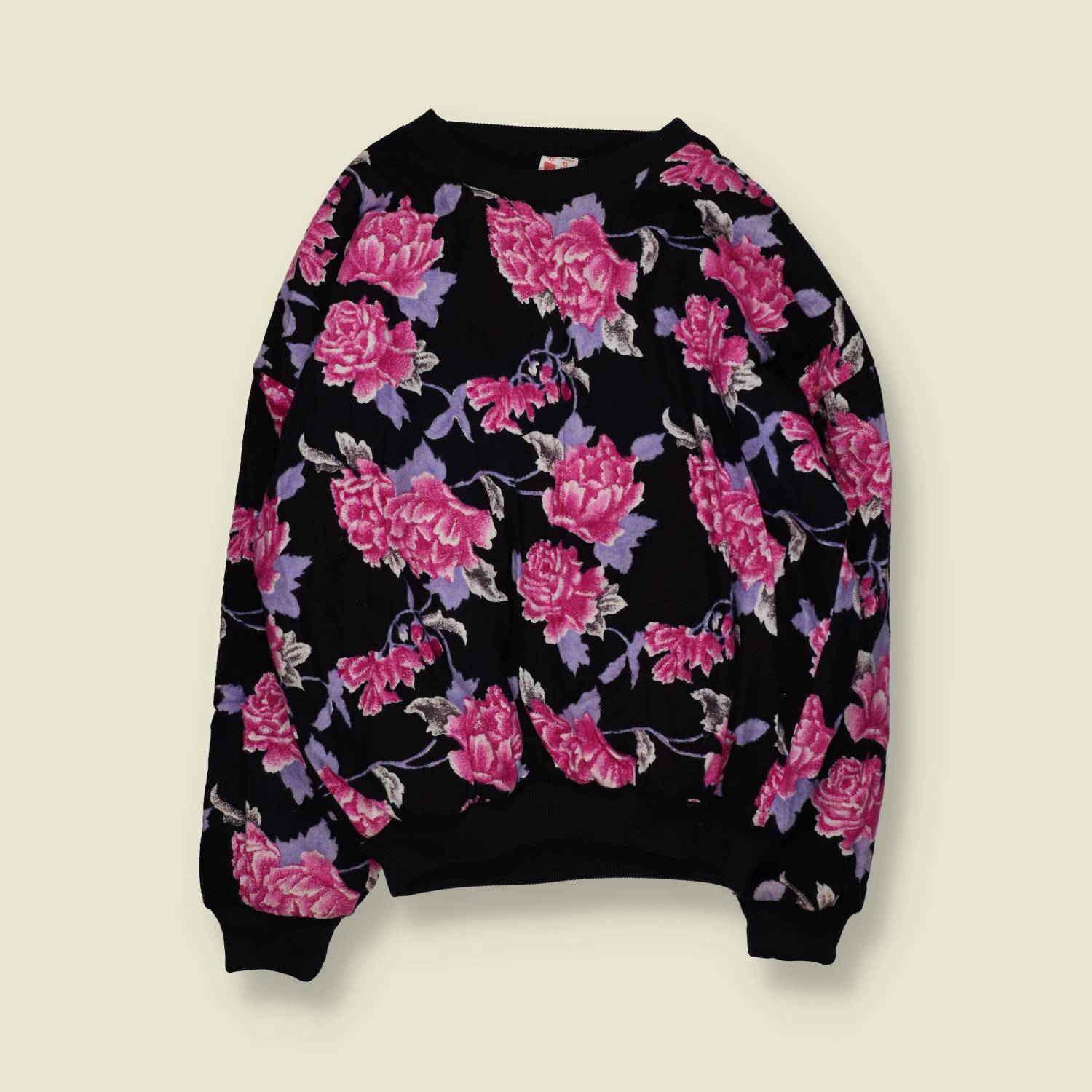 1980s | Floral Print Sweatshirt | Black / Pink - 22